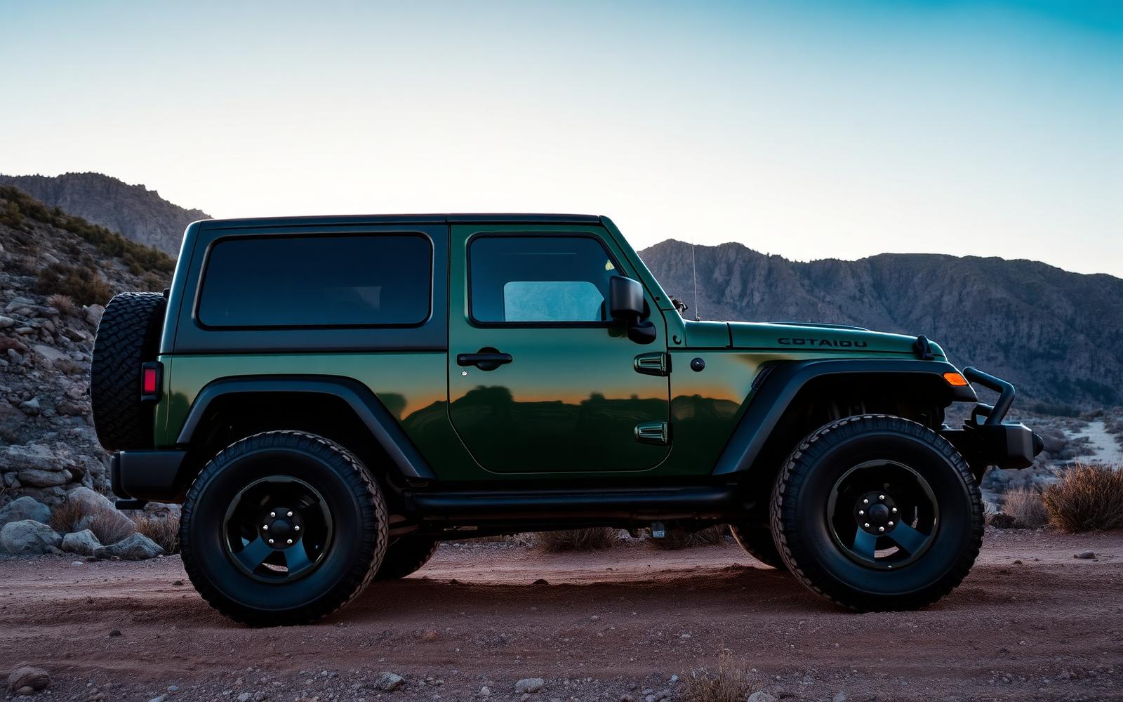 Green Jeep on a mountain trail